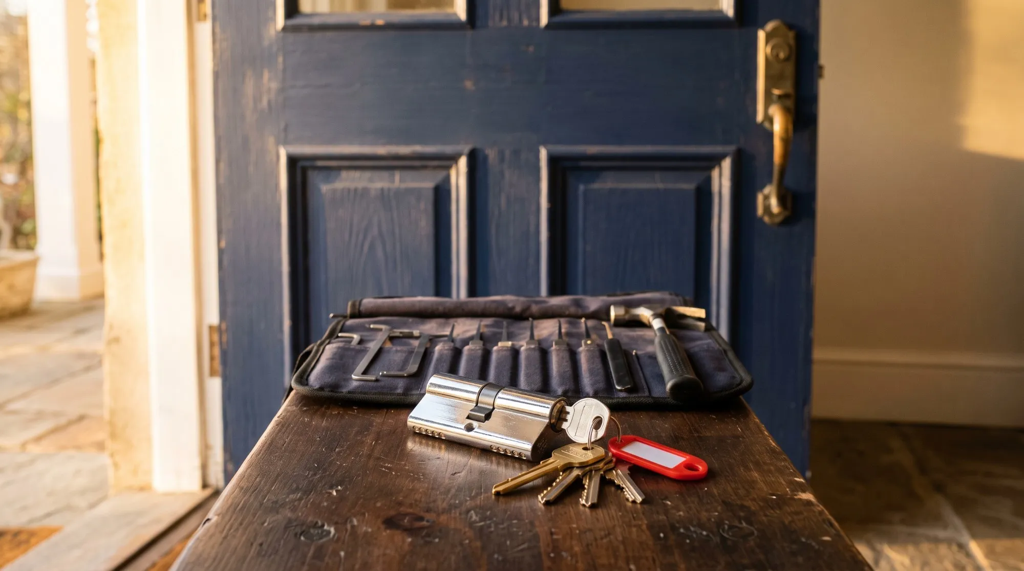 Illustration : un cylindre de serrure neuf, des clés et une trousse d’outils de serrurier posés sur un banc devant une porte bleue