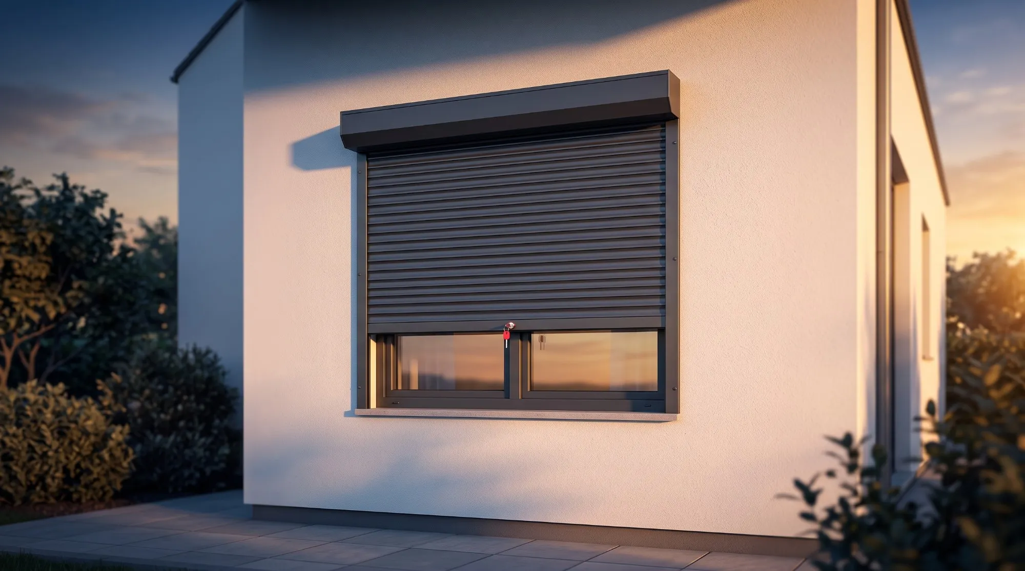 Illustration : un volet roulant gris anthracite à moitié baissé sur une maison blanche au coucher du soleil